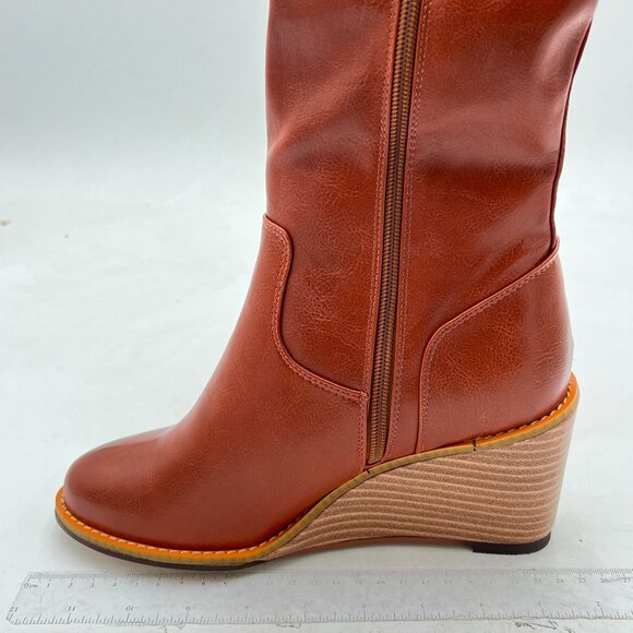 FSJ Brown Comfortable Side Zipper Wedge High Heel Point Toe Fancy Ladies Boot - Picture 2 of 8